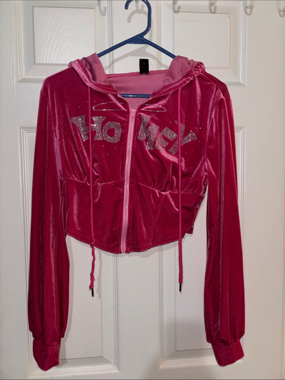 SHEIN Hot Pink Velour Hooded Zip Bomber Jacket